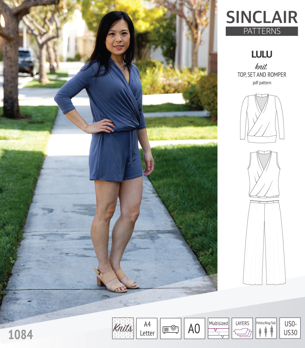 Sinclair Patterns Lulu faux wrap top, set and romper pdf sewing patterns for women