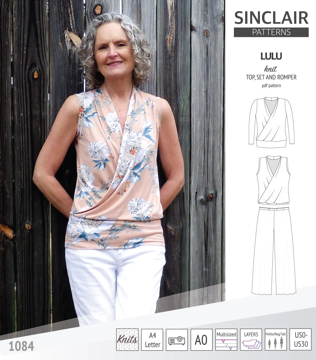 Sinclair Patterns Lulu faux wrap top, set and romper pdf sewing patterns for women