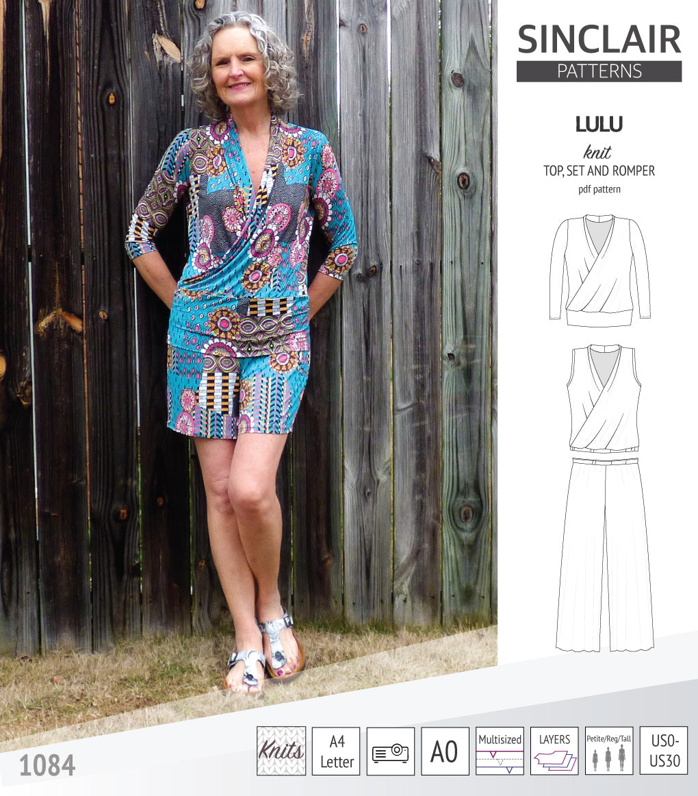 Sinclair Patterns Lulu faux wrap top, set and romper pdf sewing patterns for women
