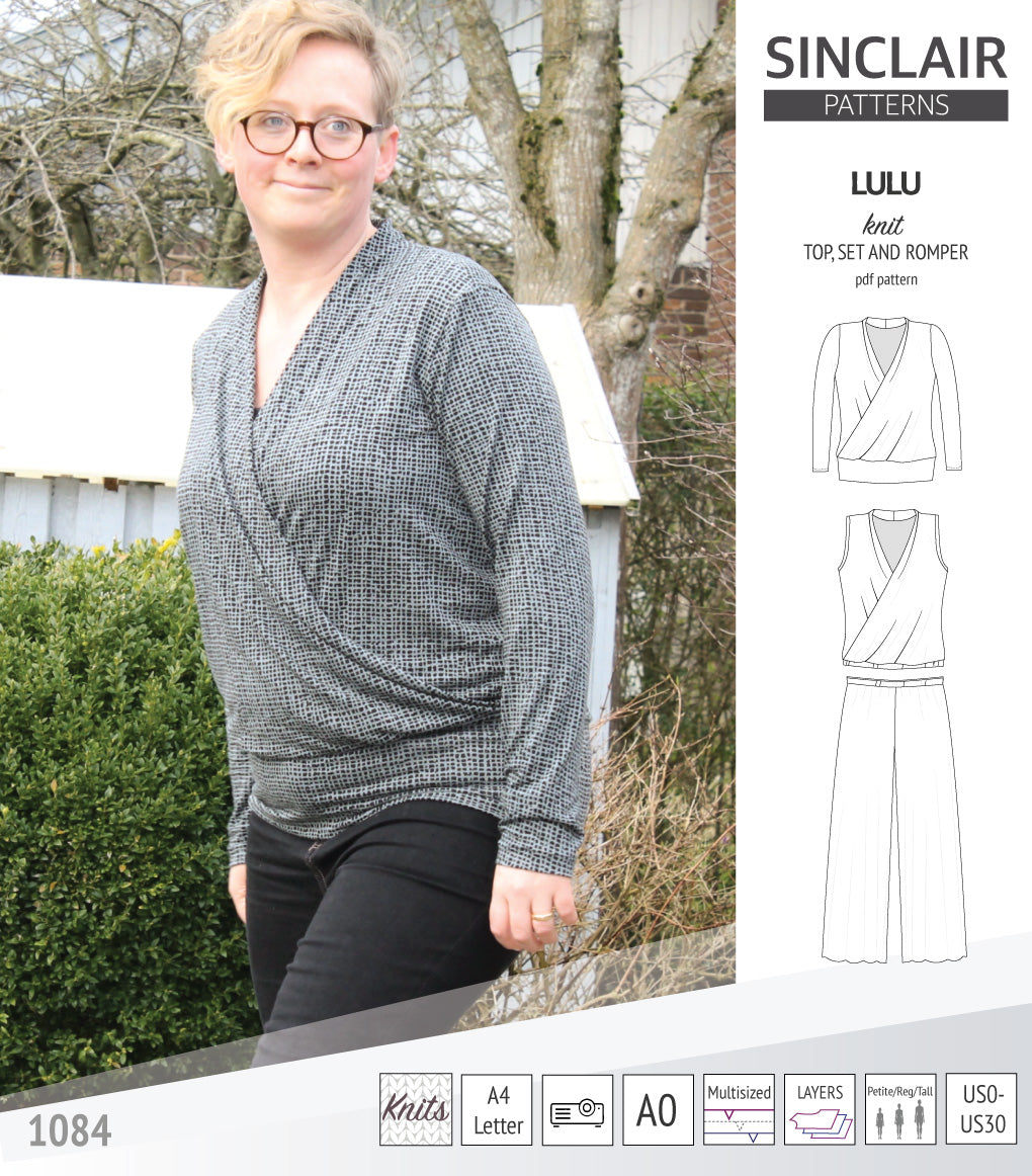 Sinclair Patterns Lulu faux wrap top, set and romper pdf sewing patterns for women