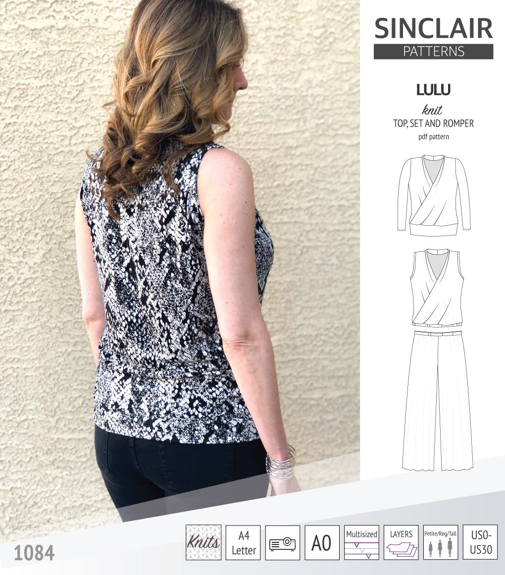 Sinclair Patterns Lulu faux wrap top, set and romper pdf sewing patterns for women