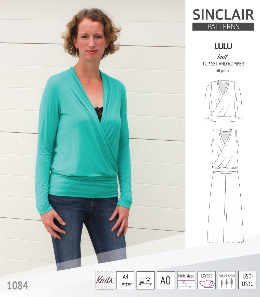Sinclair Patterns Lulu faux wrap top, set and romper pdf sewing patterns for women