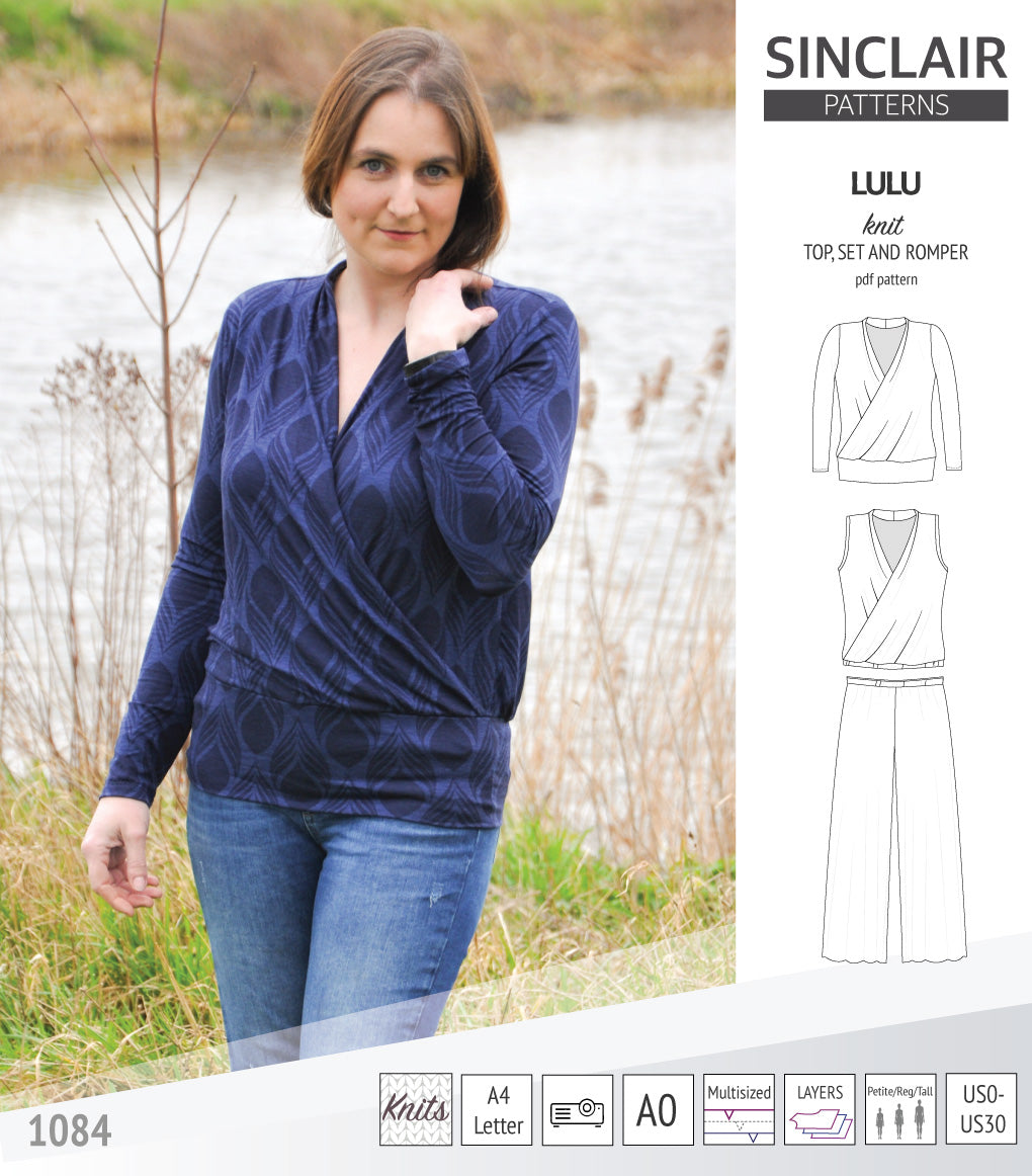 Sinclair Patterns Lulu faux wrap top, set and romper pdf sewing patterns for women