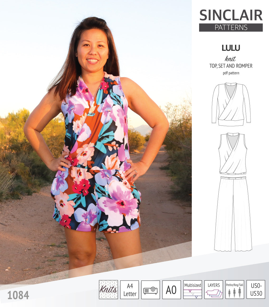 Sinclair Patterns Lulu faux wrap top, set and romper pdf sewing patterns for women