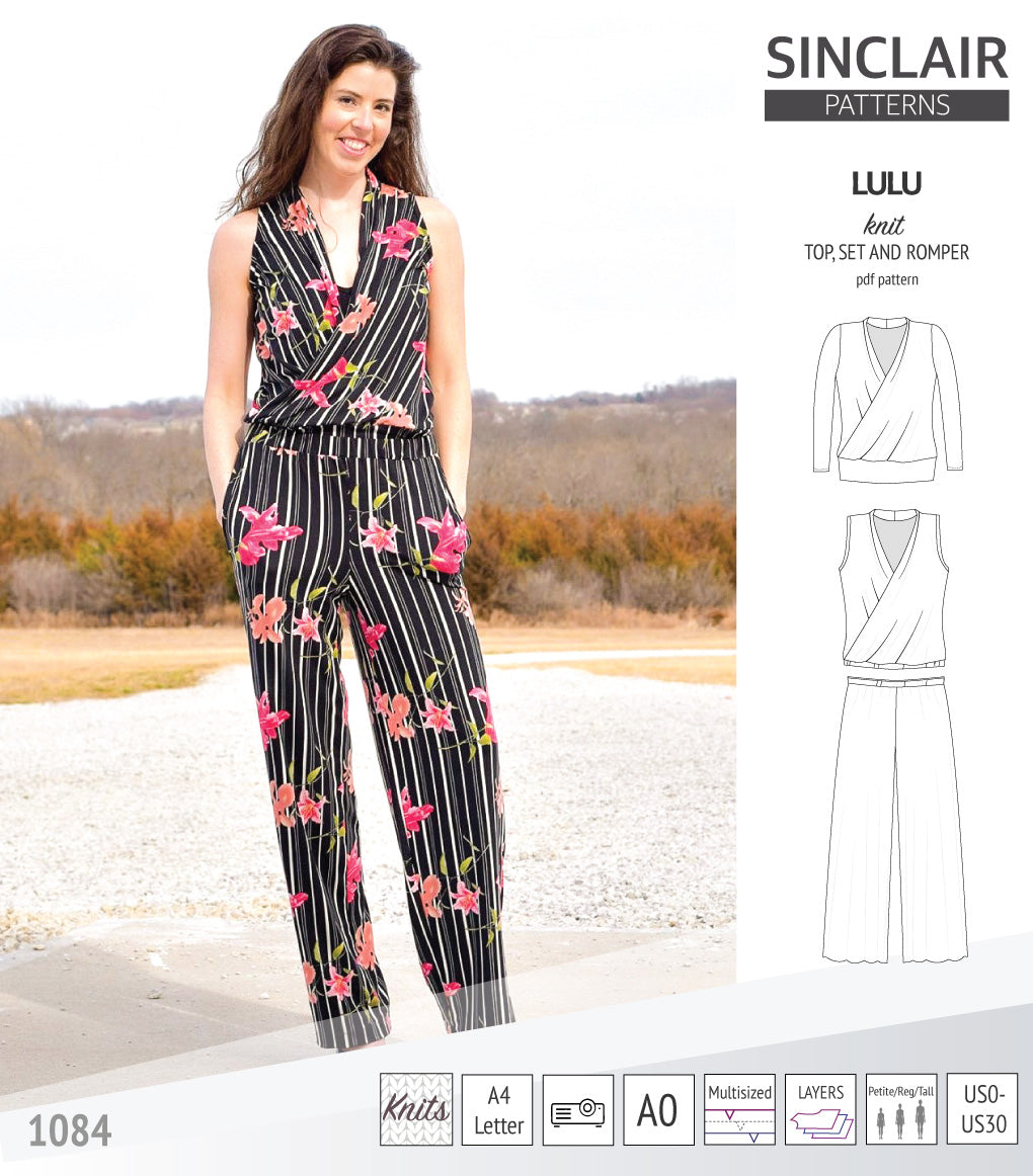 Sinclair Patterns Lulu faux wrap top, set and romper pdf sewing patterns for women