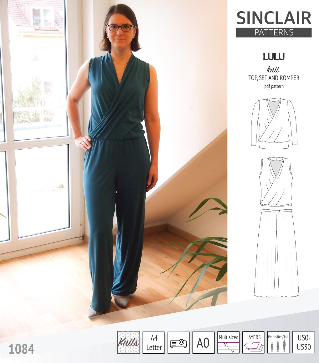 Sinclair Patterns Lulu faux wrap top, set and romper pdf sewing patterns for women