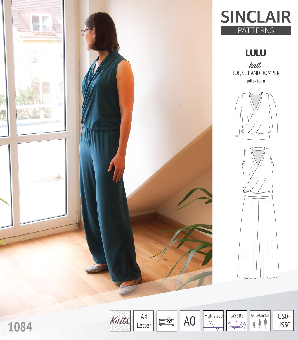 Sinclair Patterns Lulu faux wrap top, set and romper pdf sewing patterns for women