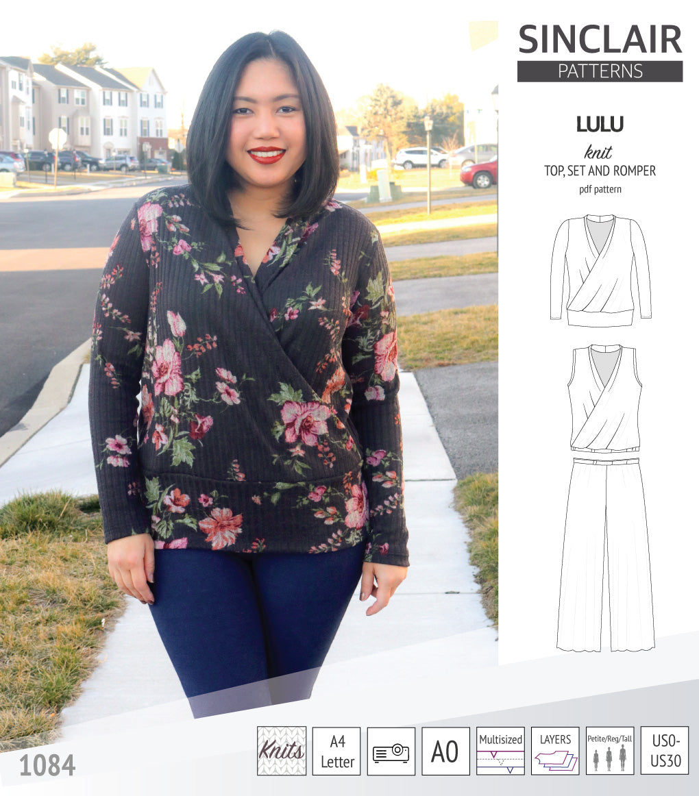 Sinclair Patterns Lulu faux wrap top, set and romper pdf sewing patterns for women