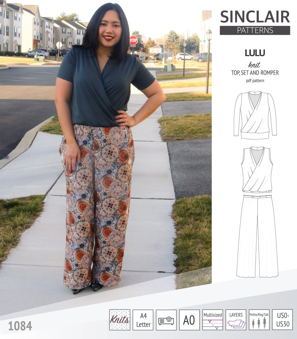 Sinclair Patterns Lulu faux wrap top, set and romper pdf sewing patterns for women