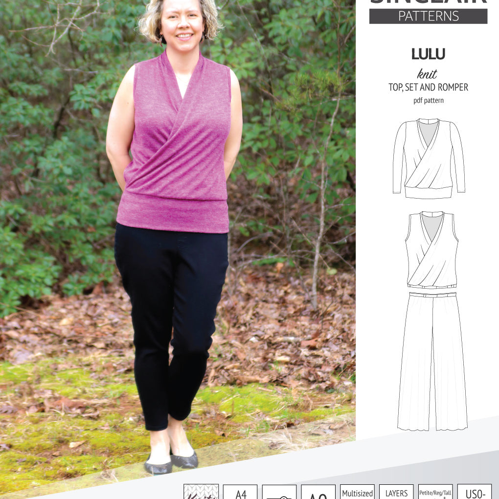 Sinclair Patterns Lulu faux wrap top, set and romper pdf sewing patterns for women