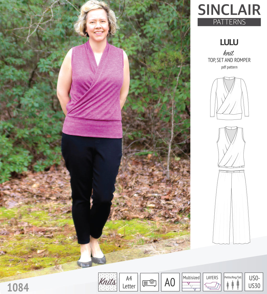 Sinclair Patterns Lulu faux wrap top, set and romper pdf sewing patterns for women
