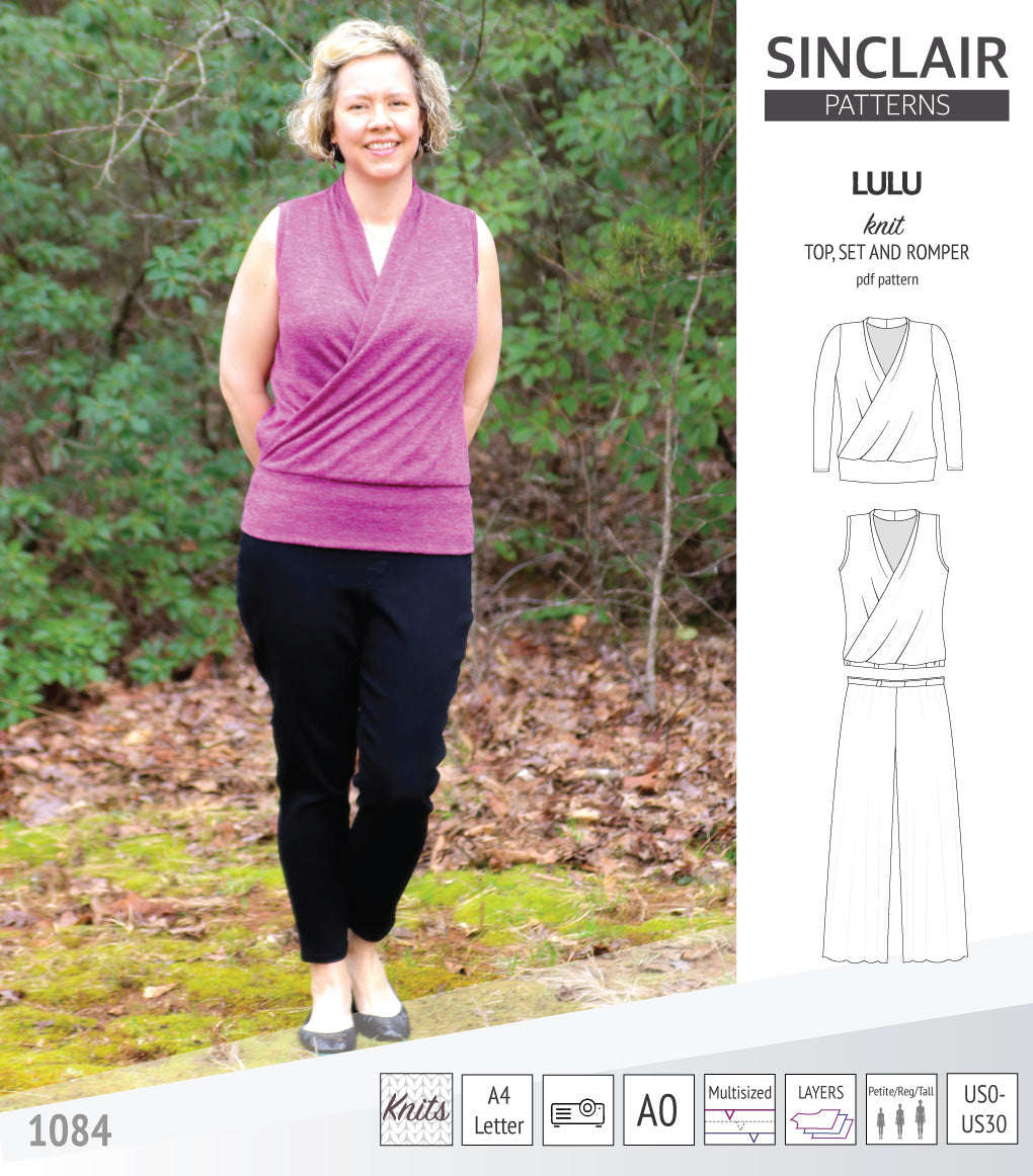 Sinclair Patterns Lulu faux wrap top, set and romper pdf sewing patterns for women