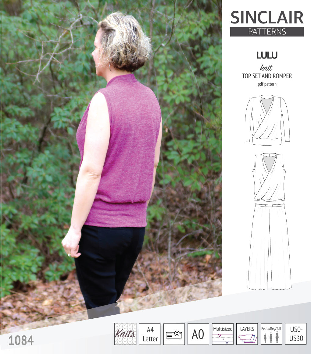 Sinclair Patterns Lulu faux wrap top, set and romper pdf sewing patterns for women