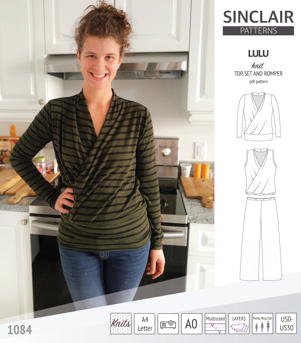 Sinclair Patterns Lulu faux wrap top, set and romper pdf sewing patterns for women