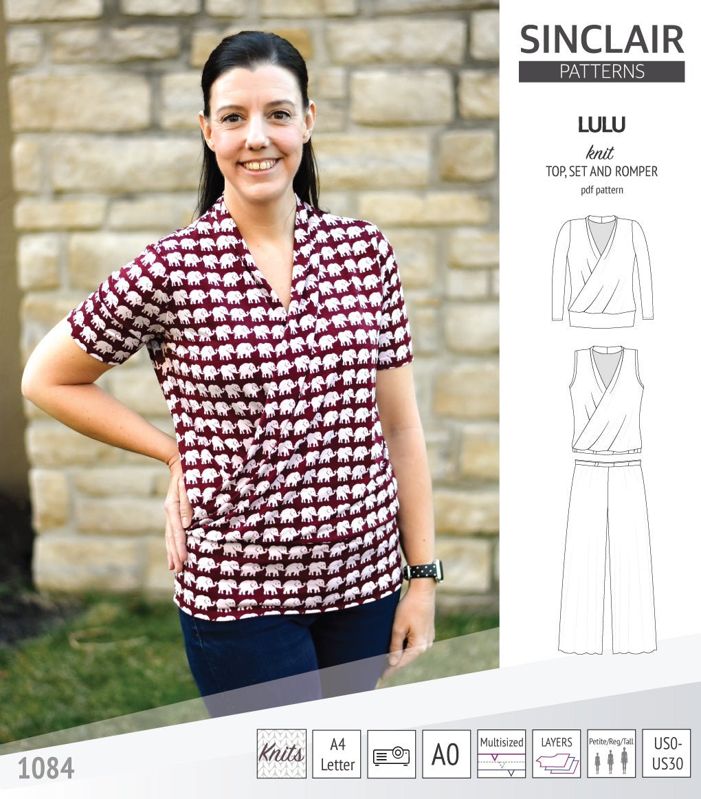 Sinclair Patterns Lulu faux wrap top, set and romper pdf sewing patterns for women