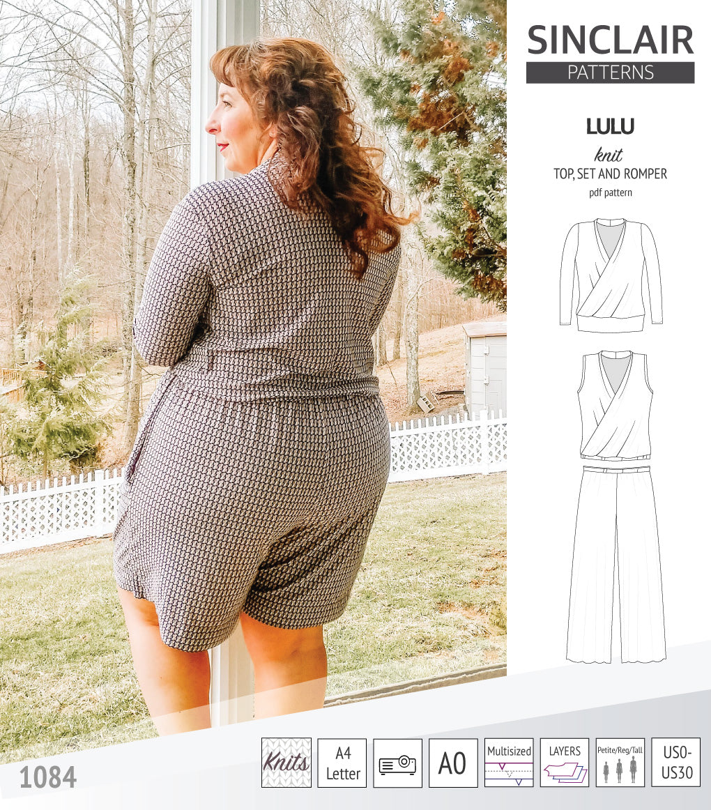 Sinclair Patterns Lulu faux wrap top, set and romper pdf sewing patterns for women