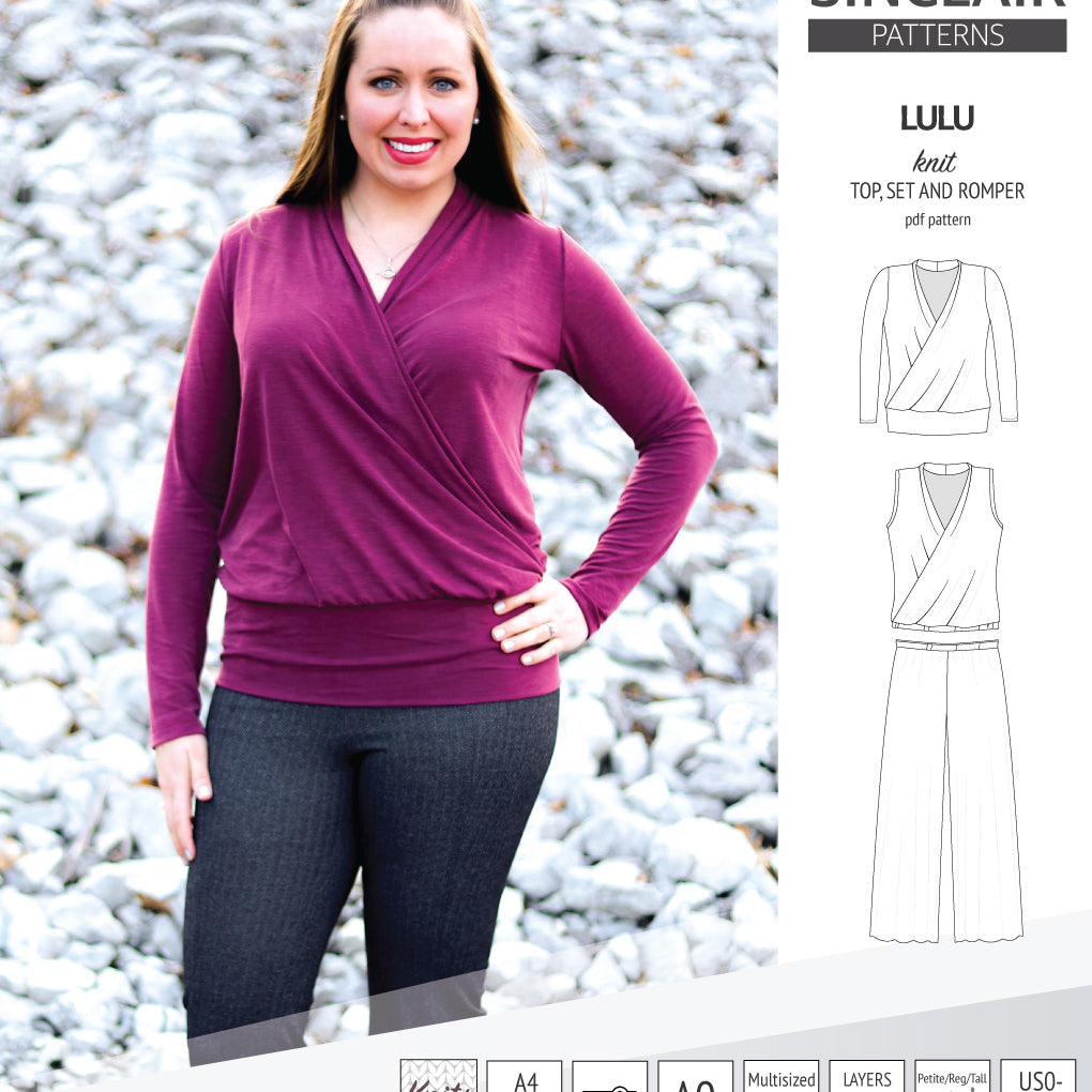 Sinclair Patterns Lulu faux wrap top, set and romper pdf sewing patterns for women