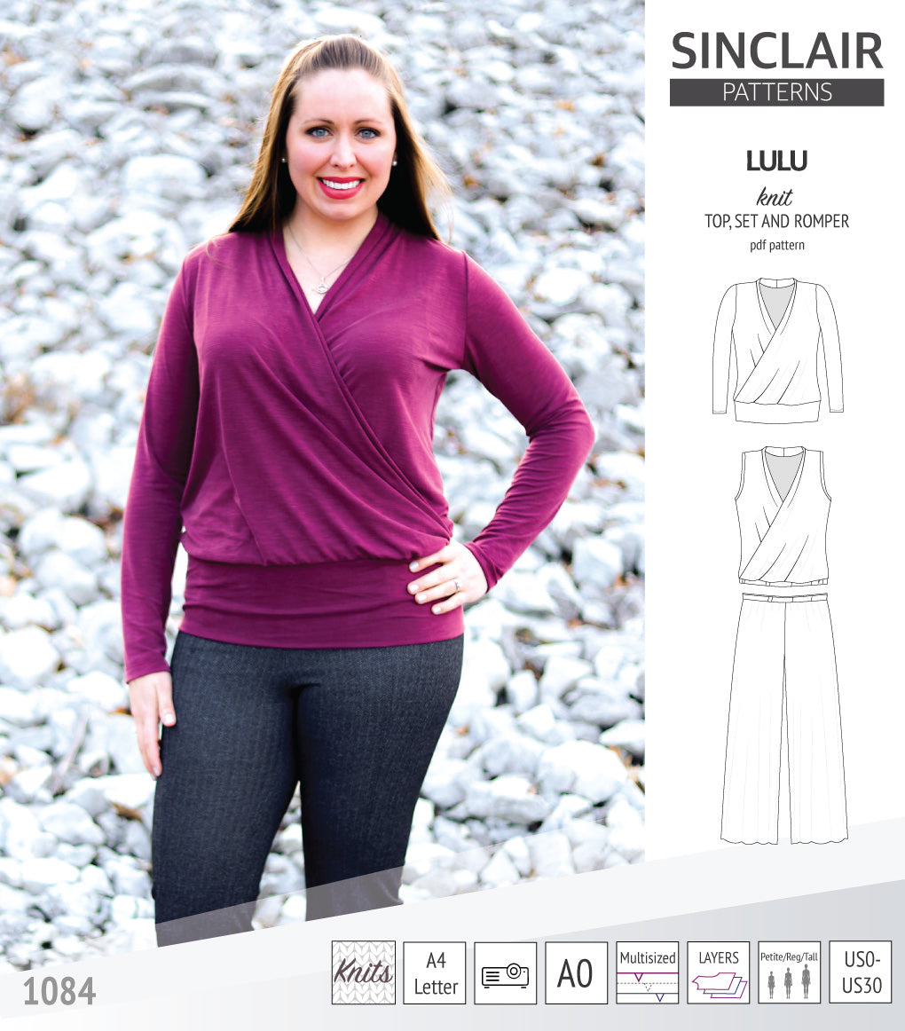 Sinclair Patterns Lulu faux wrap top, set and romper pdf sewing patterns for women