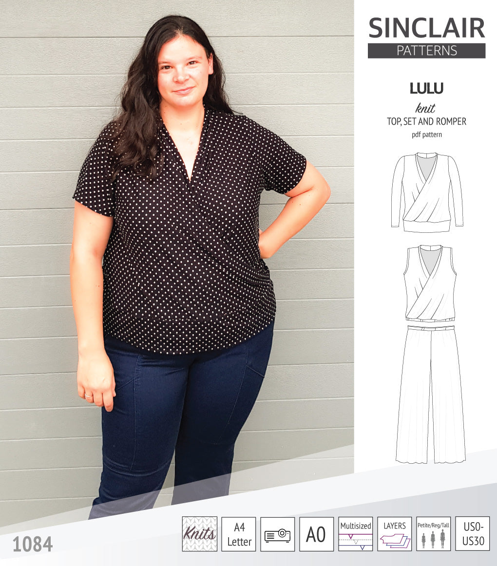 Sinclair Patterns Lulu faux wrap top, set and romper pdf sewing patterns for women