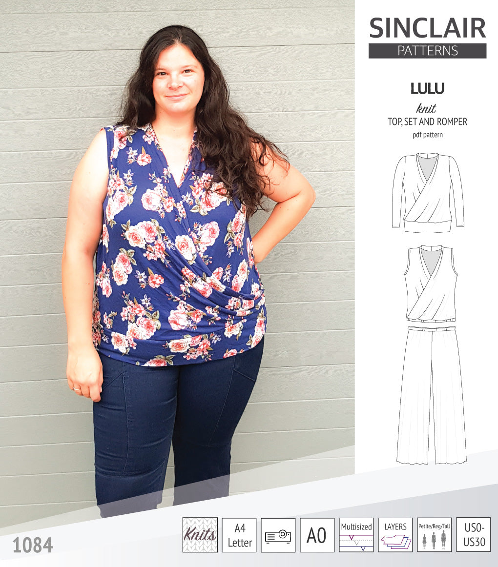Sinclair Patterns Lulu faux wrap top, set and romper pdf sewing patterns for women