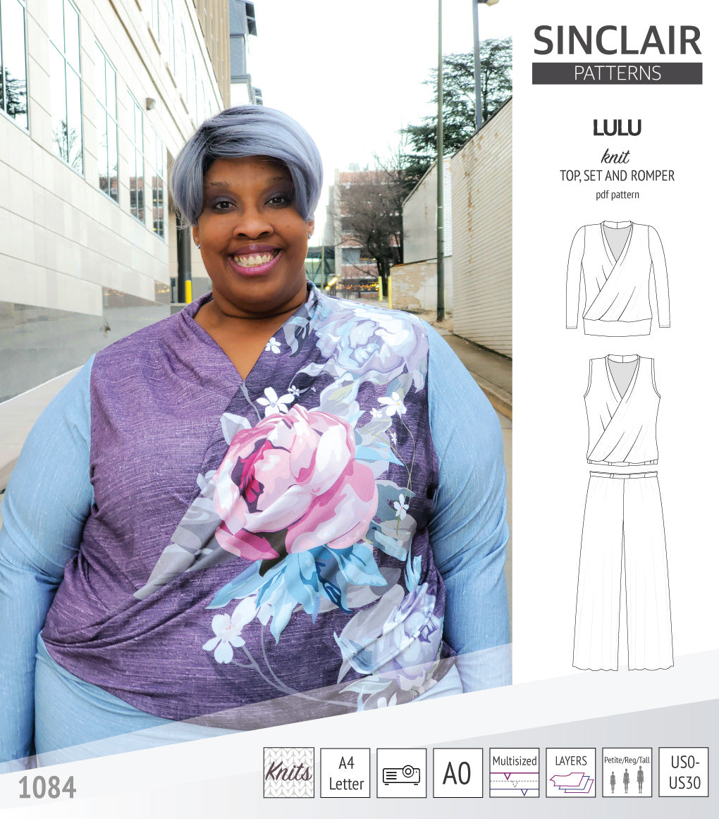 Sinclair Patterns Lulu faux wrap top, set and romper pdf sewing patterns for women