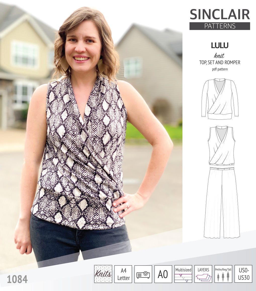 Sinclair Patterns Lulu faux wrap top, set and romper pdf sewing patterns for women