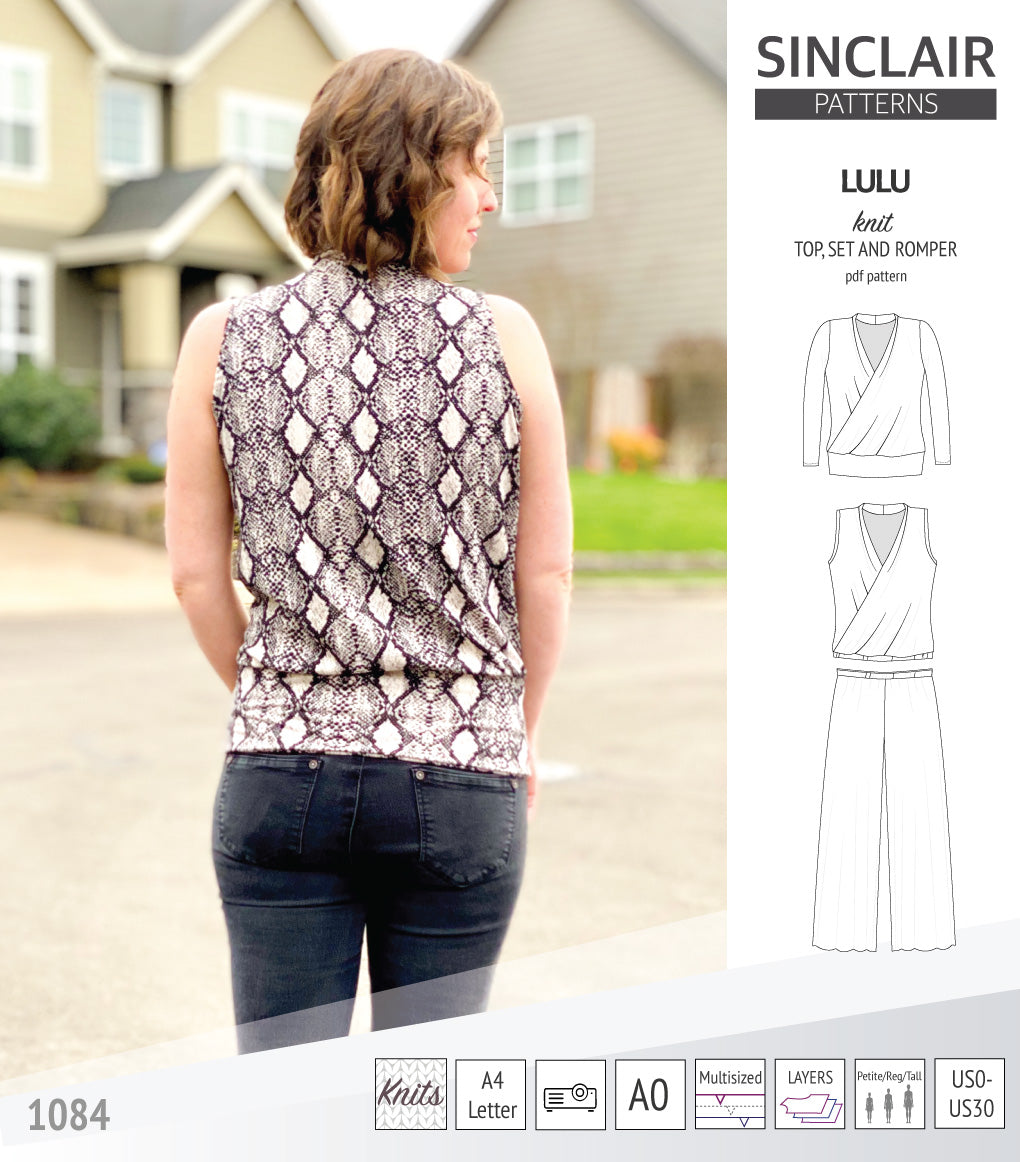 Sinclair Patterns Lulu faux wrap top, set and romper pdf sewing patterns for women
