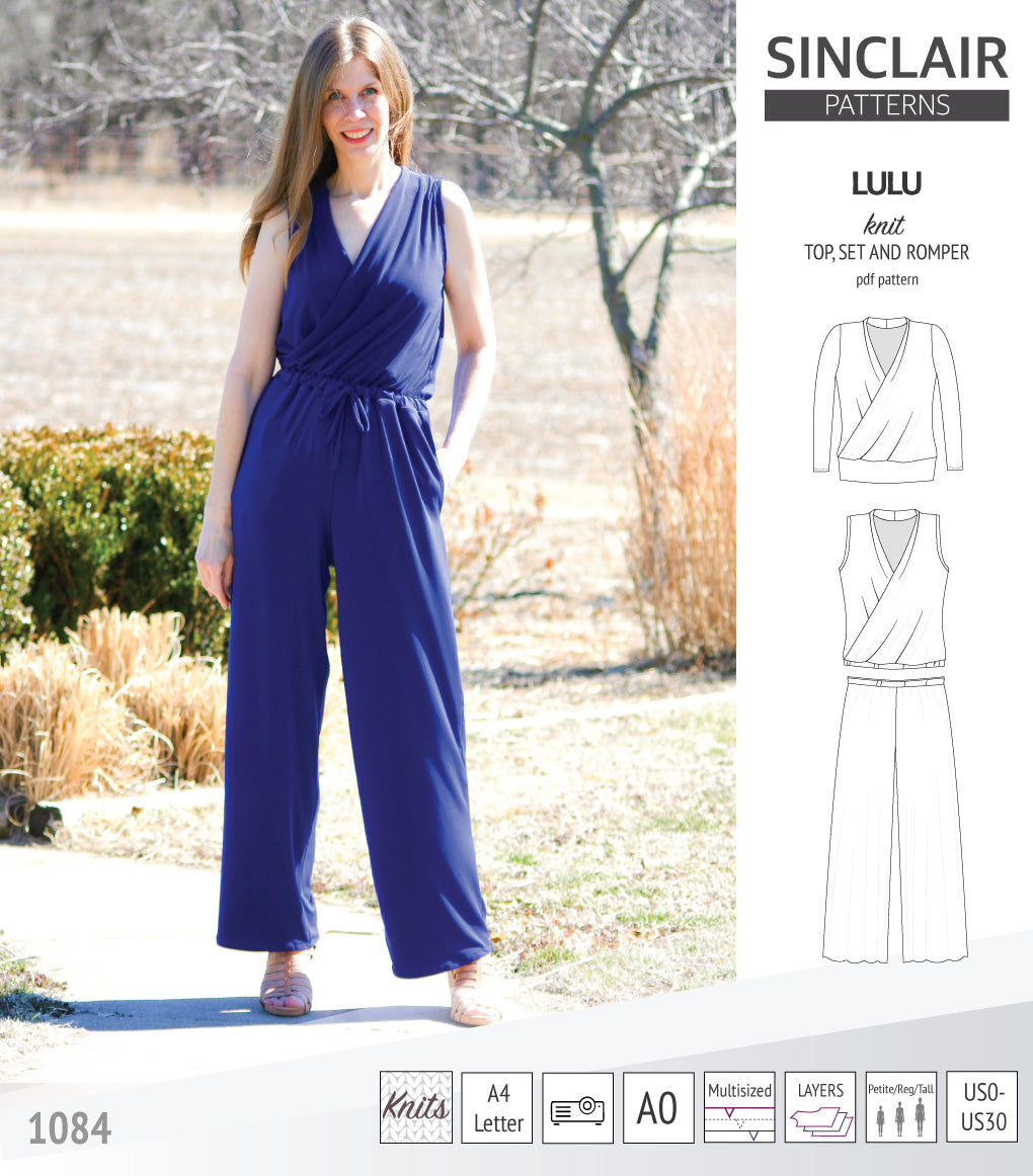 Sinclair Patterns Lulu faux wrap top, set and romper pdf sewing patterns for women