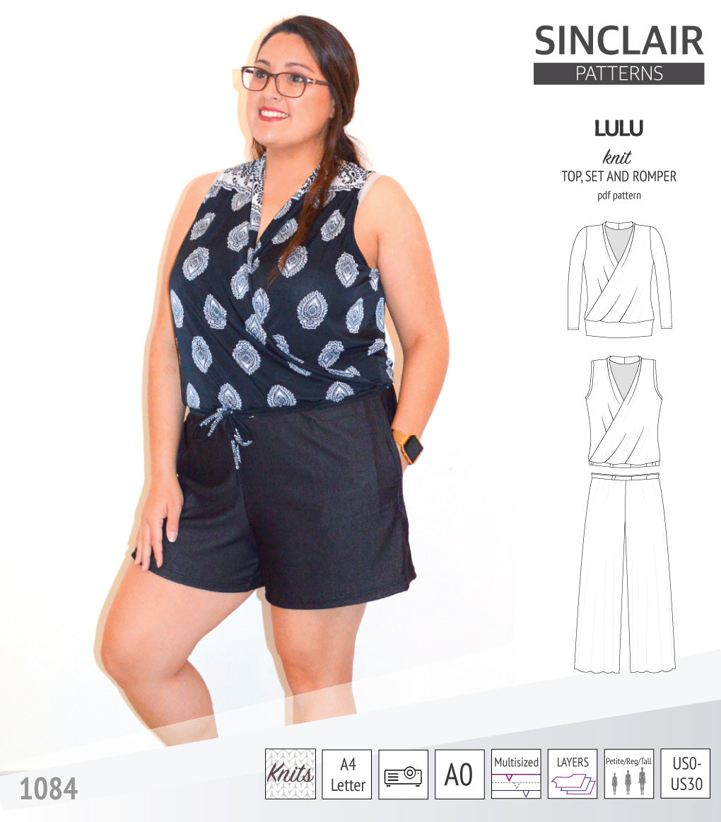 Sinclair Patterns Lulu faux wrap top, set and romper pdf sewing patterns for women