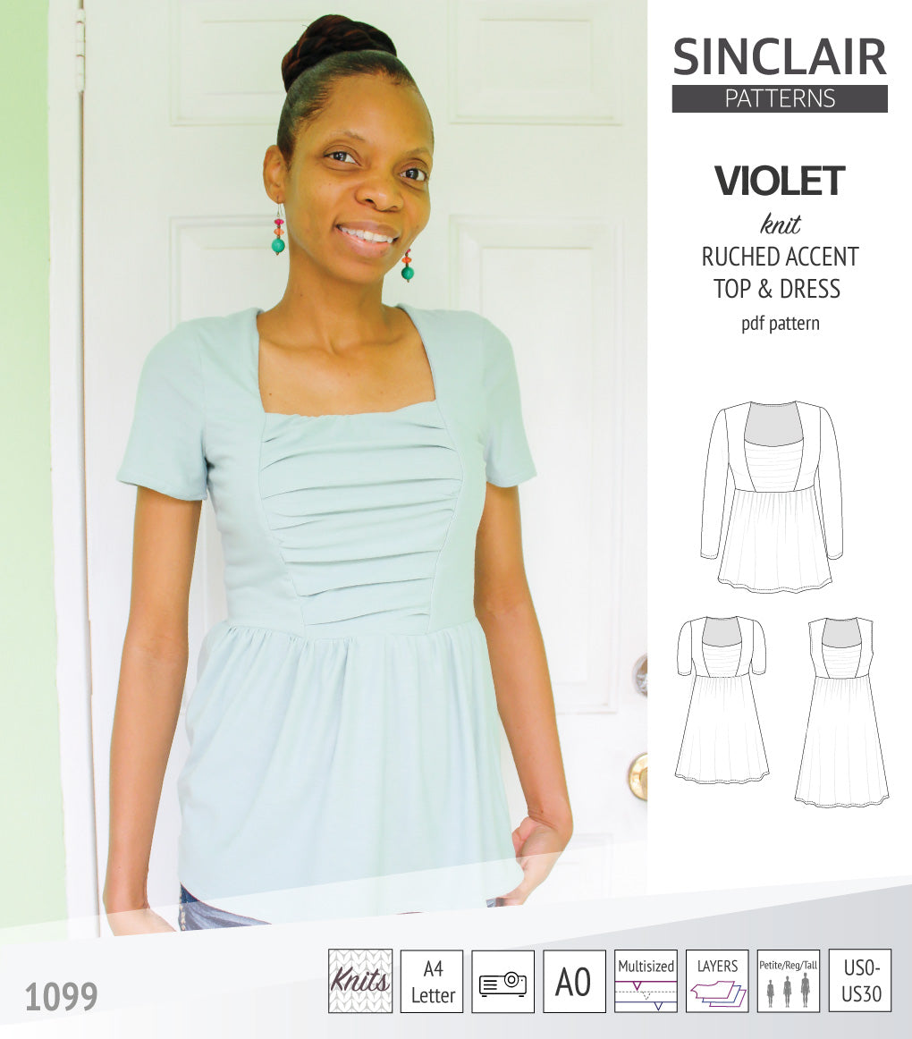 Violet ruched accent top tunic and dress for knit fabrics pdf sewing pattern Sinclair Patterns