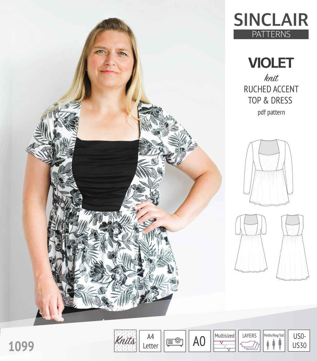 Violet ruched accent top, tunic and dress for knit fabrics pdf sewing ...
